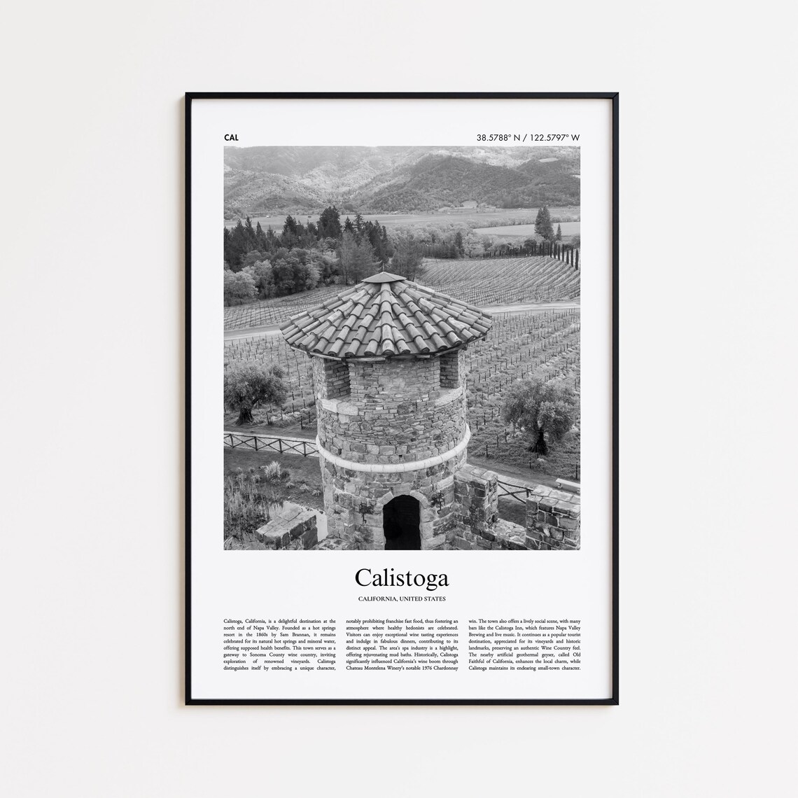 Calistoga California Black and White Vineyard Tower Travel Poster