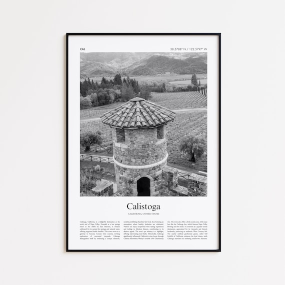 Calistoga California Black and White Vineyard Tower Travel Poster