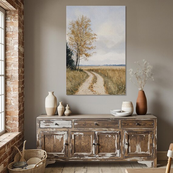 Golden Autumn Country Road Lone Tree Meadow Fall Landscape Poster