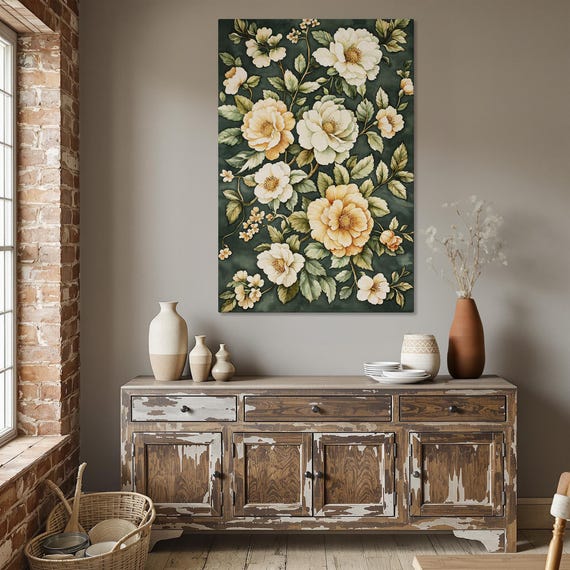 Vintage Floral Framed Canvas Print Botanical Decor Rustic Wall Art Country Flower Painting Gift For Her Ready To Hang