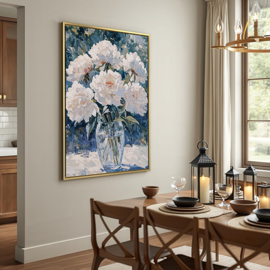 White Peony Bouquet in Glass Vase Impasto Floral Painting Poster - Image 2