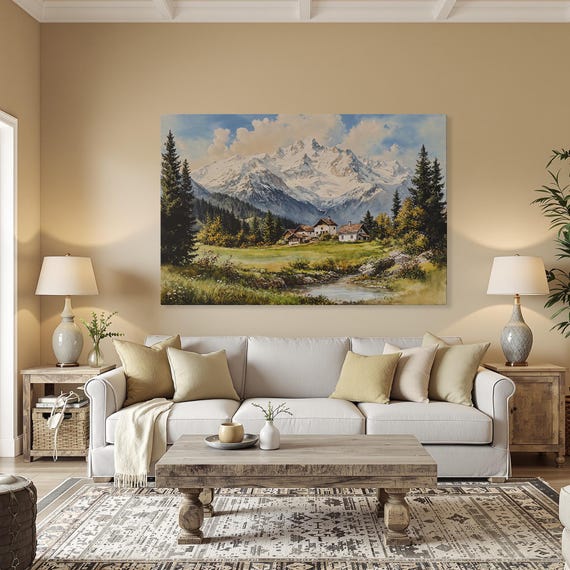 Rustic Mountain Landscape Framed Canvas Print Pine Forest With Blue Sky Art Countryside Gift For Him Nature Painting Ready To Hang