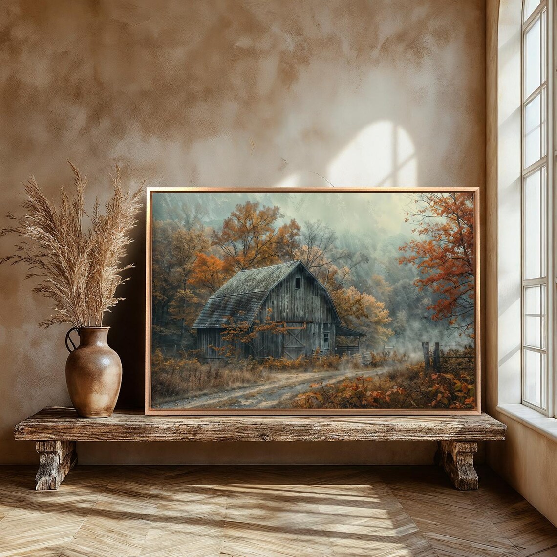 Rustic Old Barn Misty Autumn Landscape Art Print - Image 3