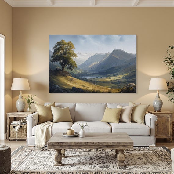 Serene Landscape Framed Canvas Print Rustic Wall Art Mountain Painting Large Nature Modern Decor Ready To Hang Holiday Gift