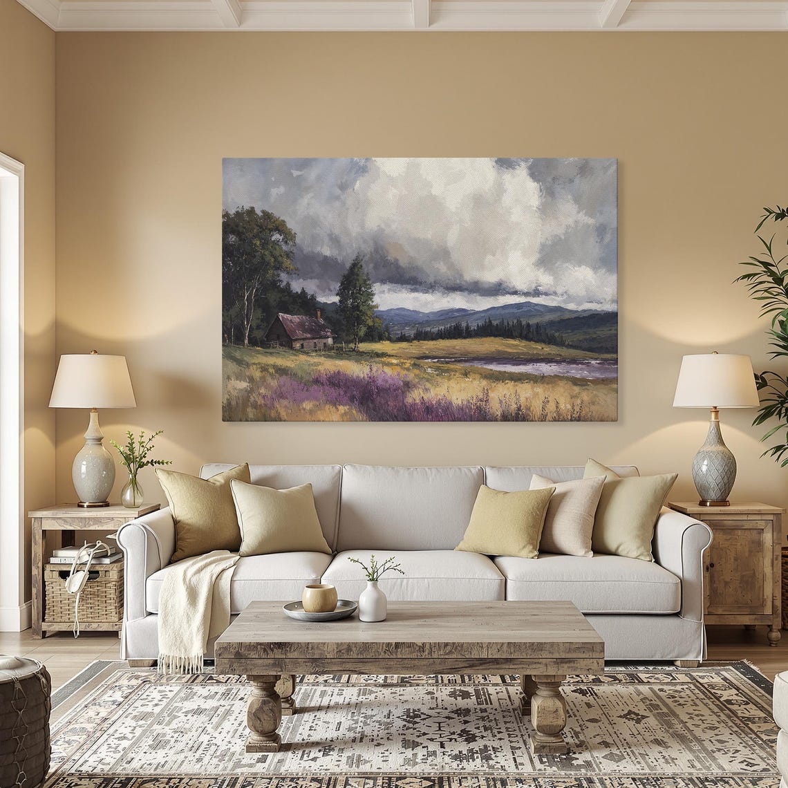 Weathered Cabin Under Dramatic Stormy Sky Lavender Field Poster - Image 5