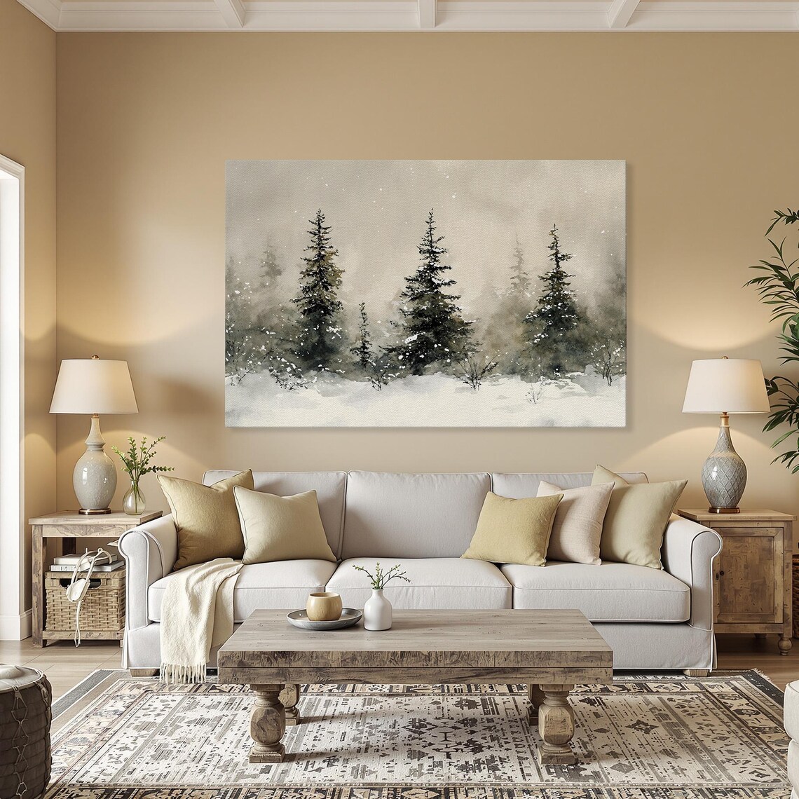 Misty Snowy Pine Forest Winter Watercolor Landscape Scenic Poster