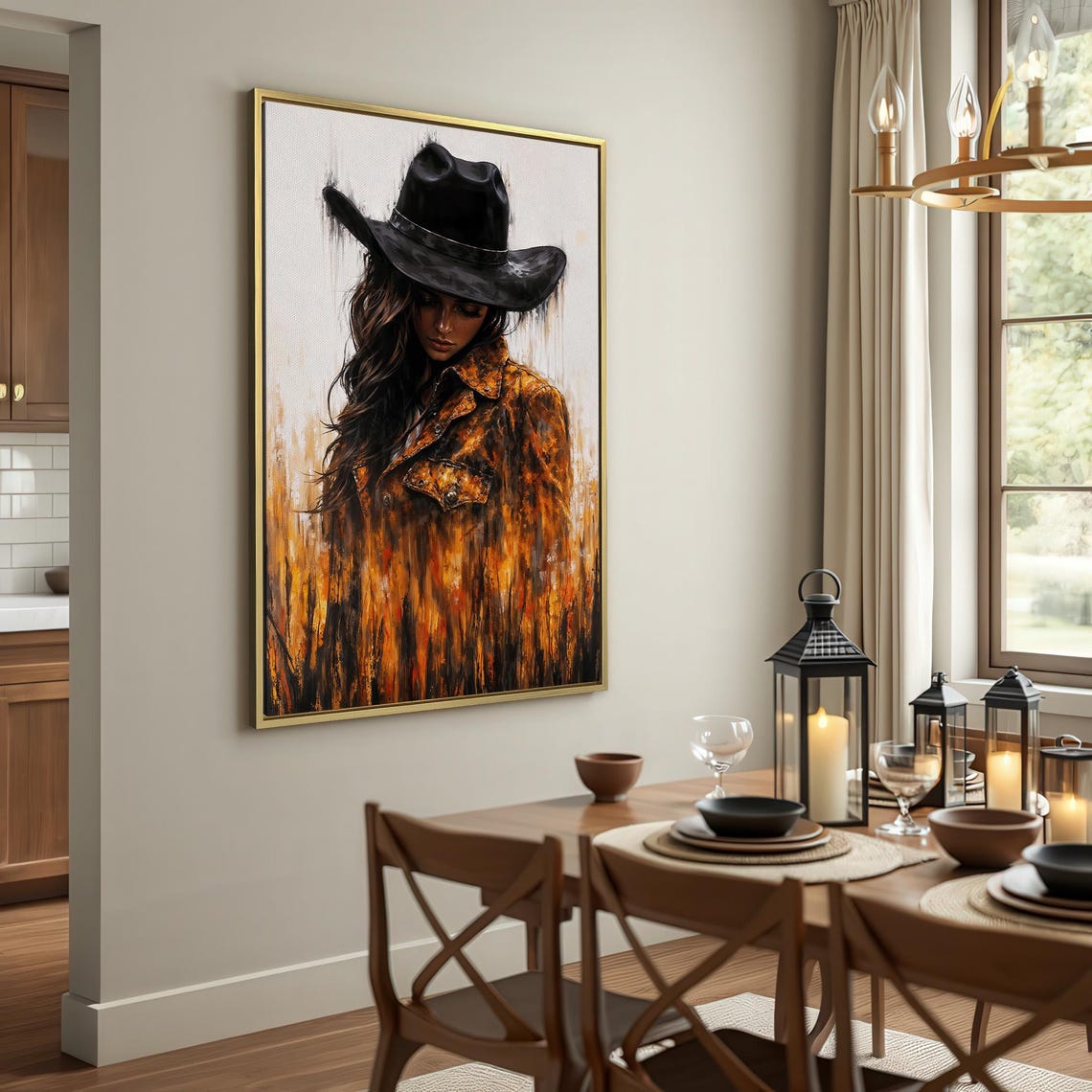 Rustic Cowgirl in Black Hat Leather Jacket Western Art Poster - Image 2
