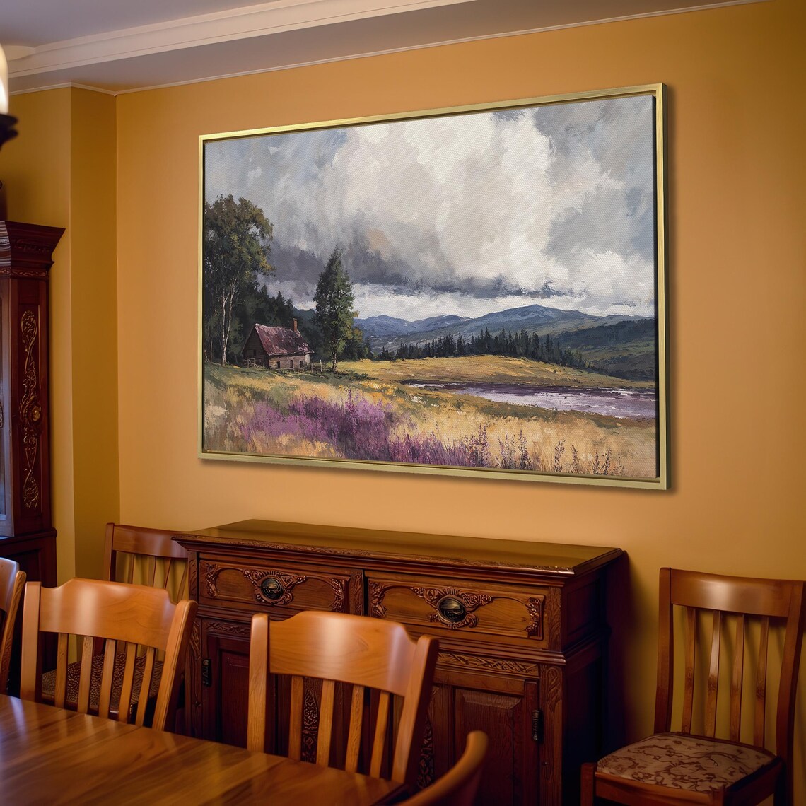 Weathered Cabin Under Dramatic Stormy Sky Lavender Field Poster - Image 2