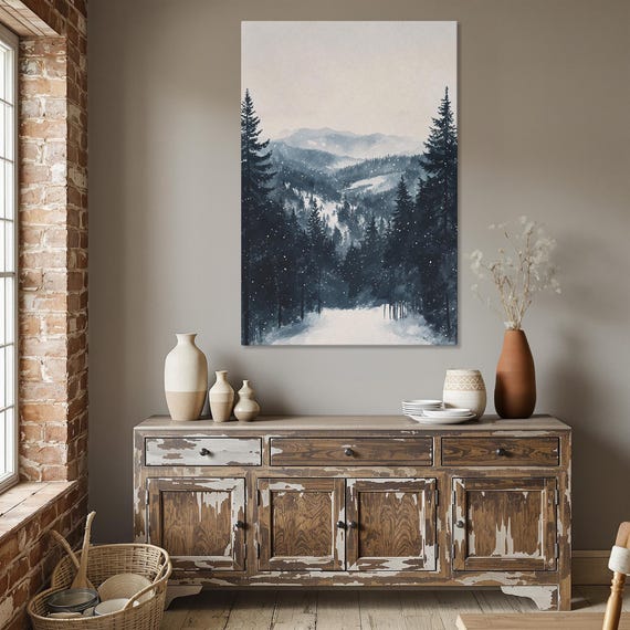 Winter Pine Forest Scene Framed Canvas Print Rustic Wall Art Country Nature Chalet Decor Ready To Hang Gift For Him