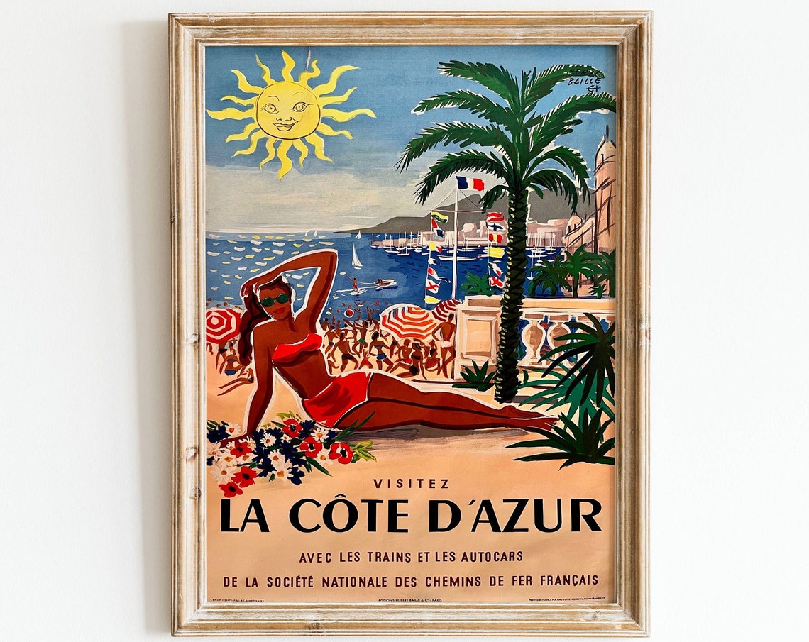 Vintage French Riviera Travel Posters France Wall Art Woman Sunbathing In South France Cte Dazur Art Deco French Poster Art Print
