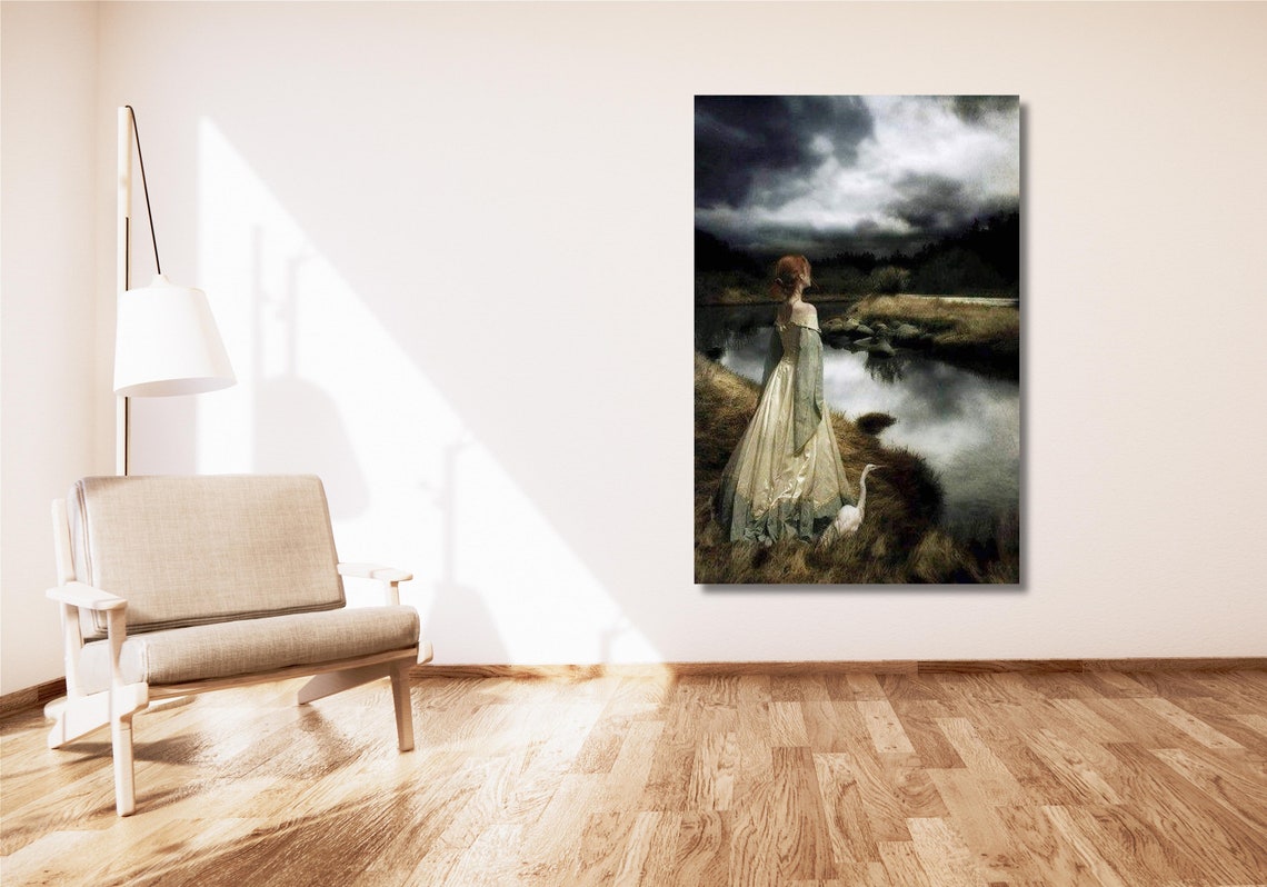Mysterious Woman White Dress Misty River Crane Gothic Art Poster - Image 3