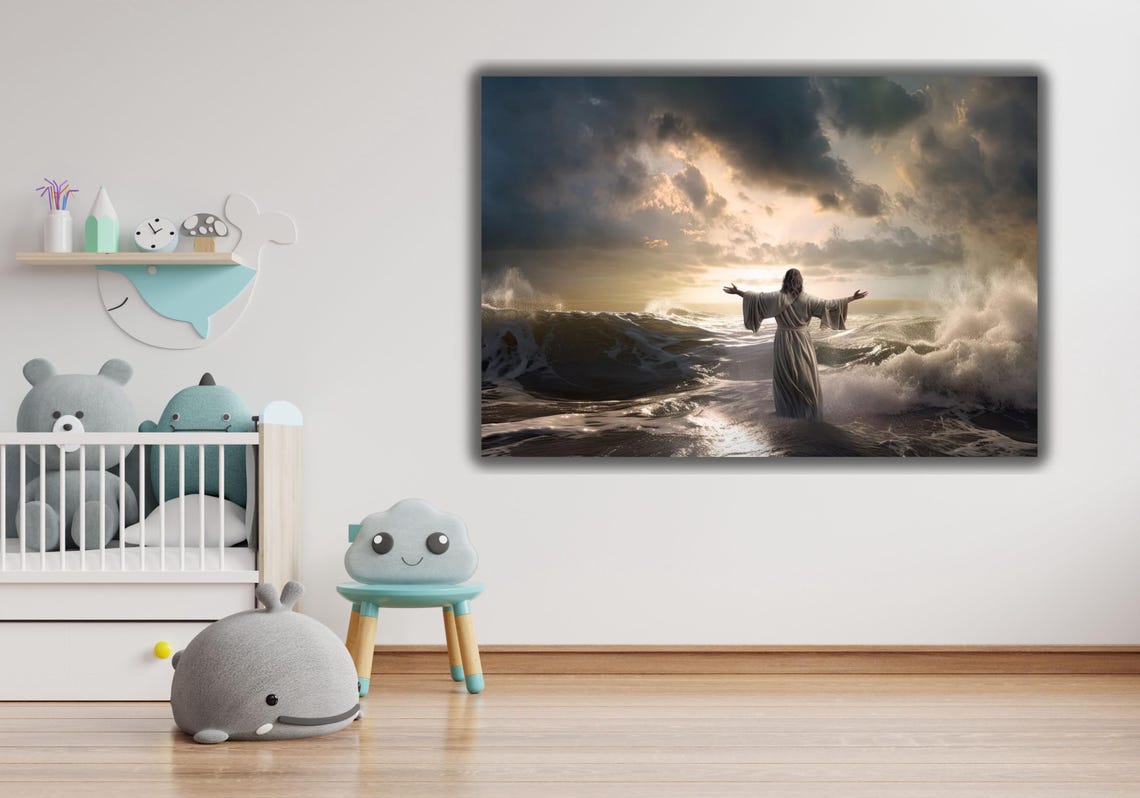 Jesus Walking on Water Stormy Sea Miracles Christian Art Poster - Image 2
