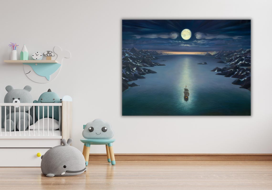 Lone Ship Under Full Moon Night Sea Mountains Moonlight Art Poster - Image 2
