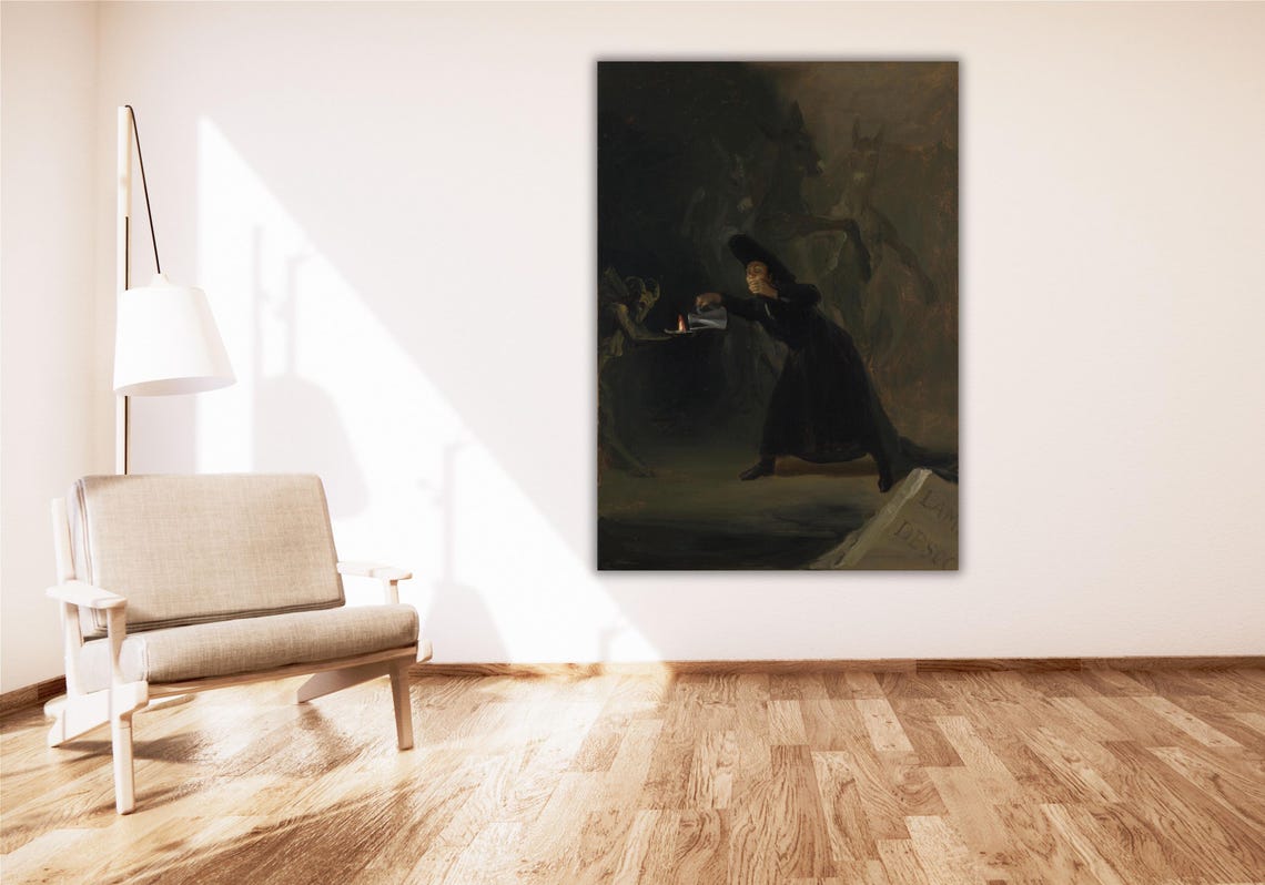 Terrified Man Holding Lamp Fleeing Dark Demons Gothic Painting Poster - Image 3