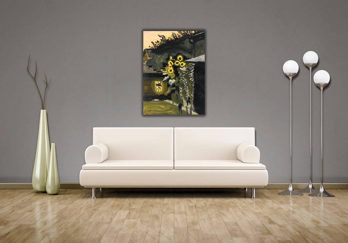 Dark Expressionist Sunflowers Against a Night House Painting Poster - Image 2