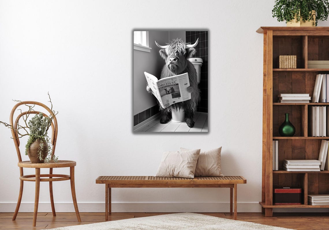 Cow Poster Print Art Highland Cow On Toilet Poster Scottish Cattle Print Bathroom Toilet Wall Art Decor Funny Toilet Poster Print Art - Image 2