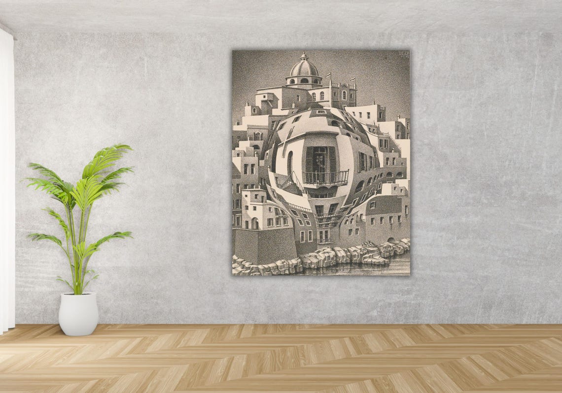MC Escher Balcony Spherical Mirror Harbor Town Lithograph Poster