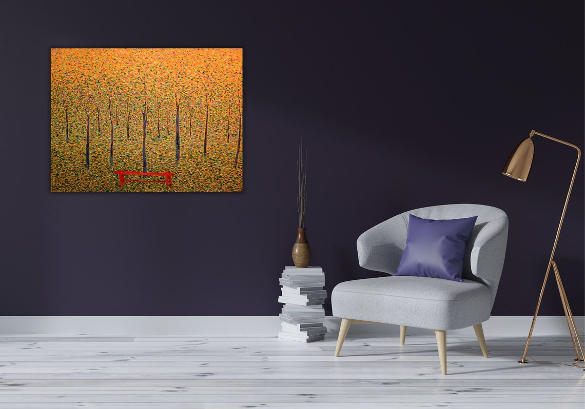 Pointillist Autumn Forest with Red Bench Impressionist Poster - Image 3