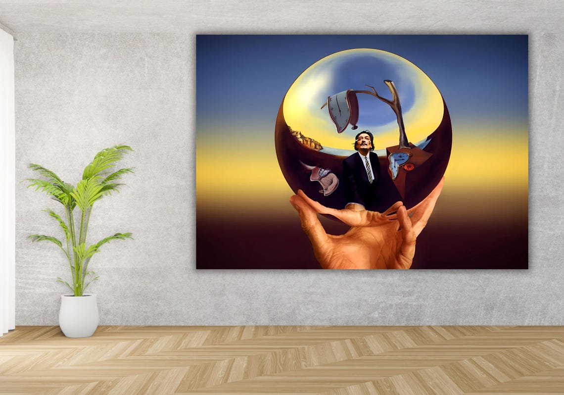 Dali Portrait Holding Globe of Melting Clocks Surreal Art Poster - Image 3