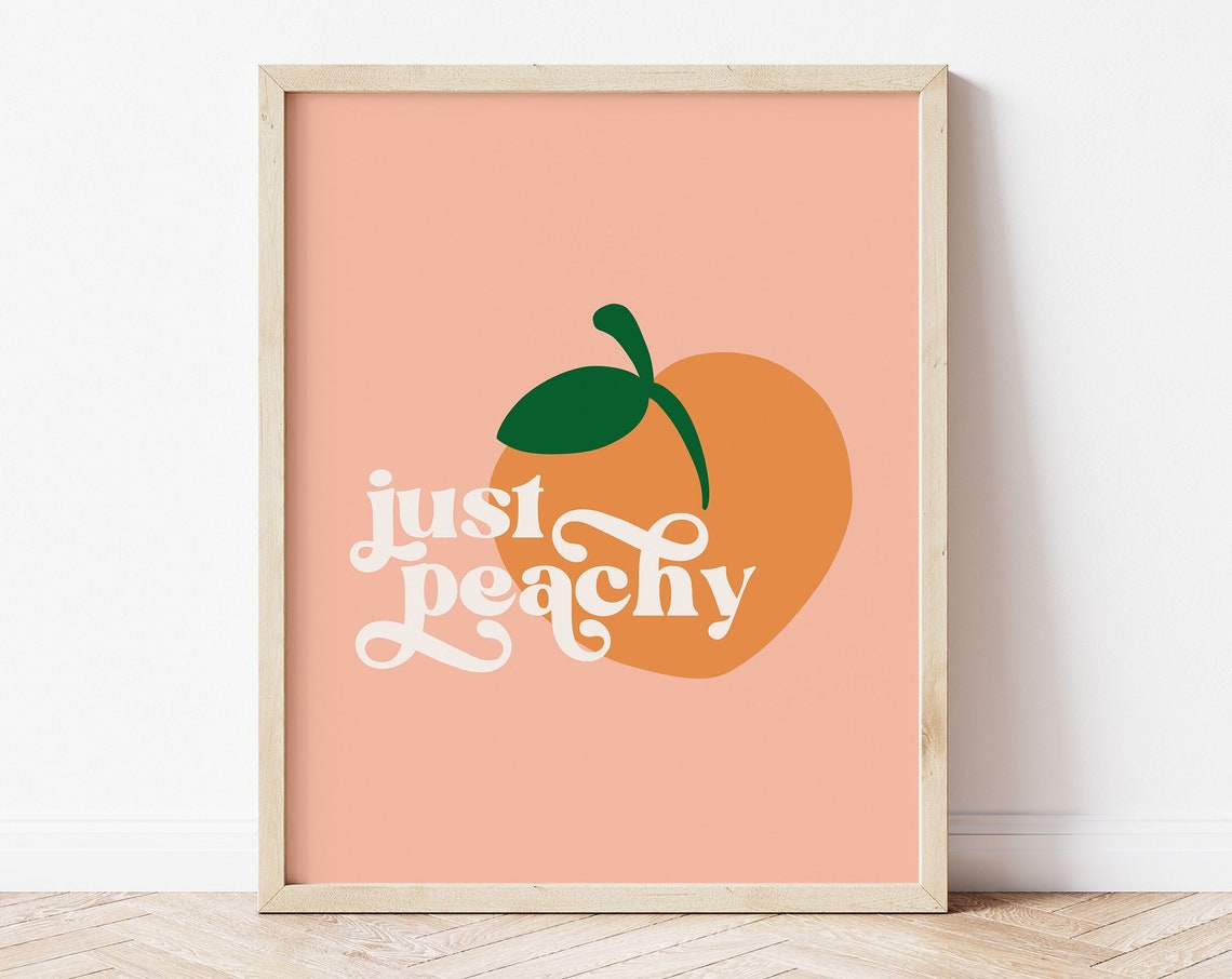 Just Peachy Retro Script Peach Illustration Framed Poster for Kitchen
