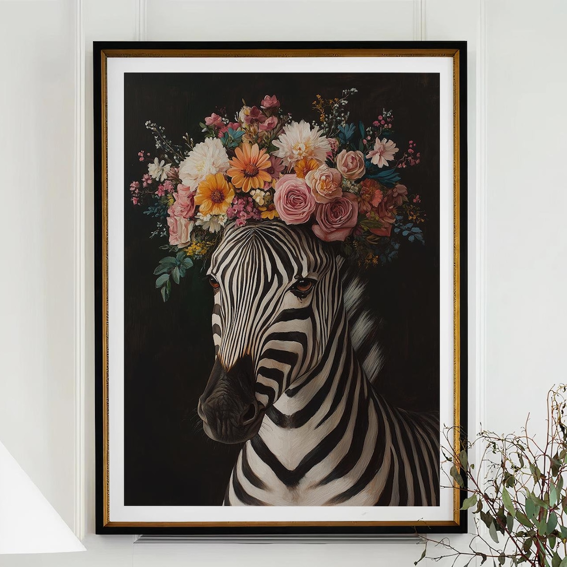 Zebra Flower Crown Maximalist Floral Animal Portrait Wall Art