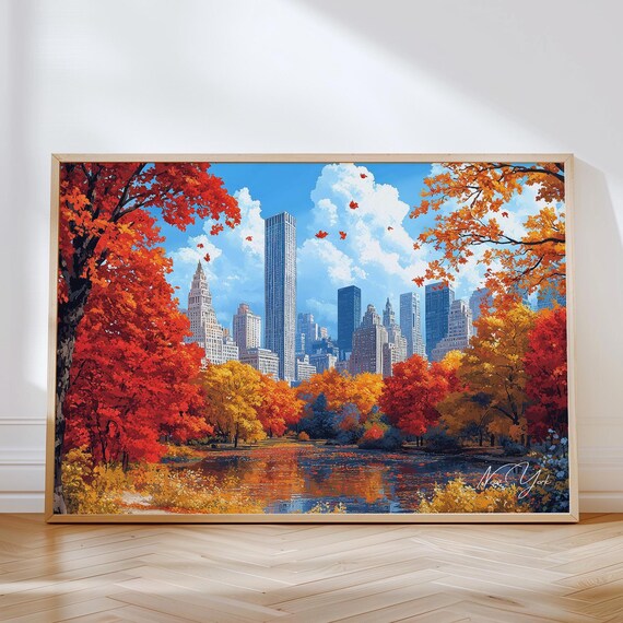 New York City Central Park Autumn Foliage Skyline Travel Poster