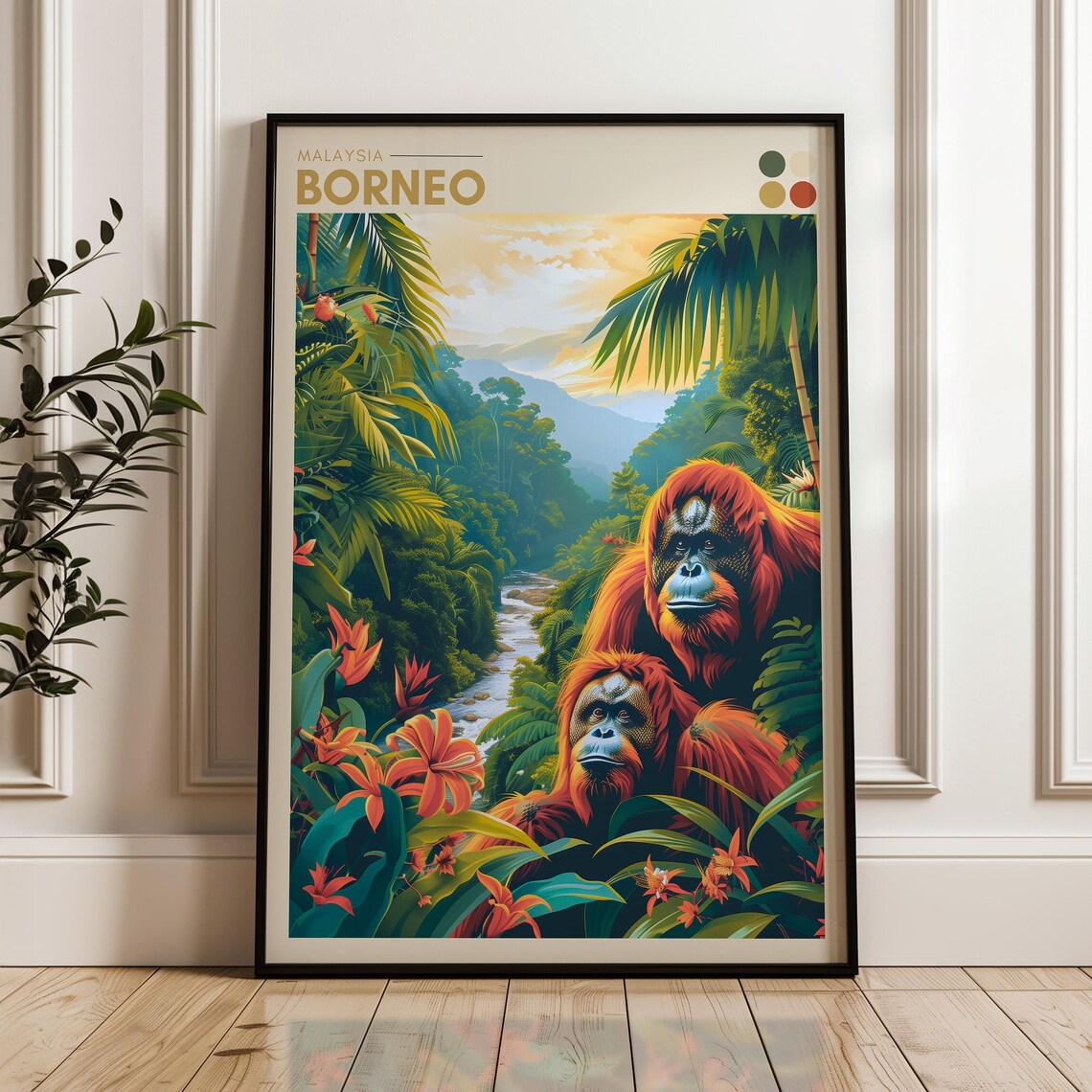 Borneo Travel Poster, Malaysia Orangutan Jungle