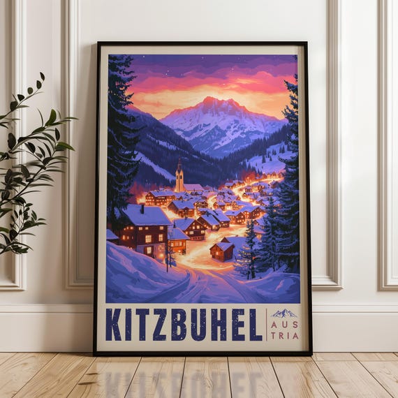 Kitzbuhel Travel Poster, Tyrol Ski Illustration