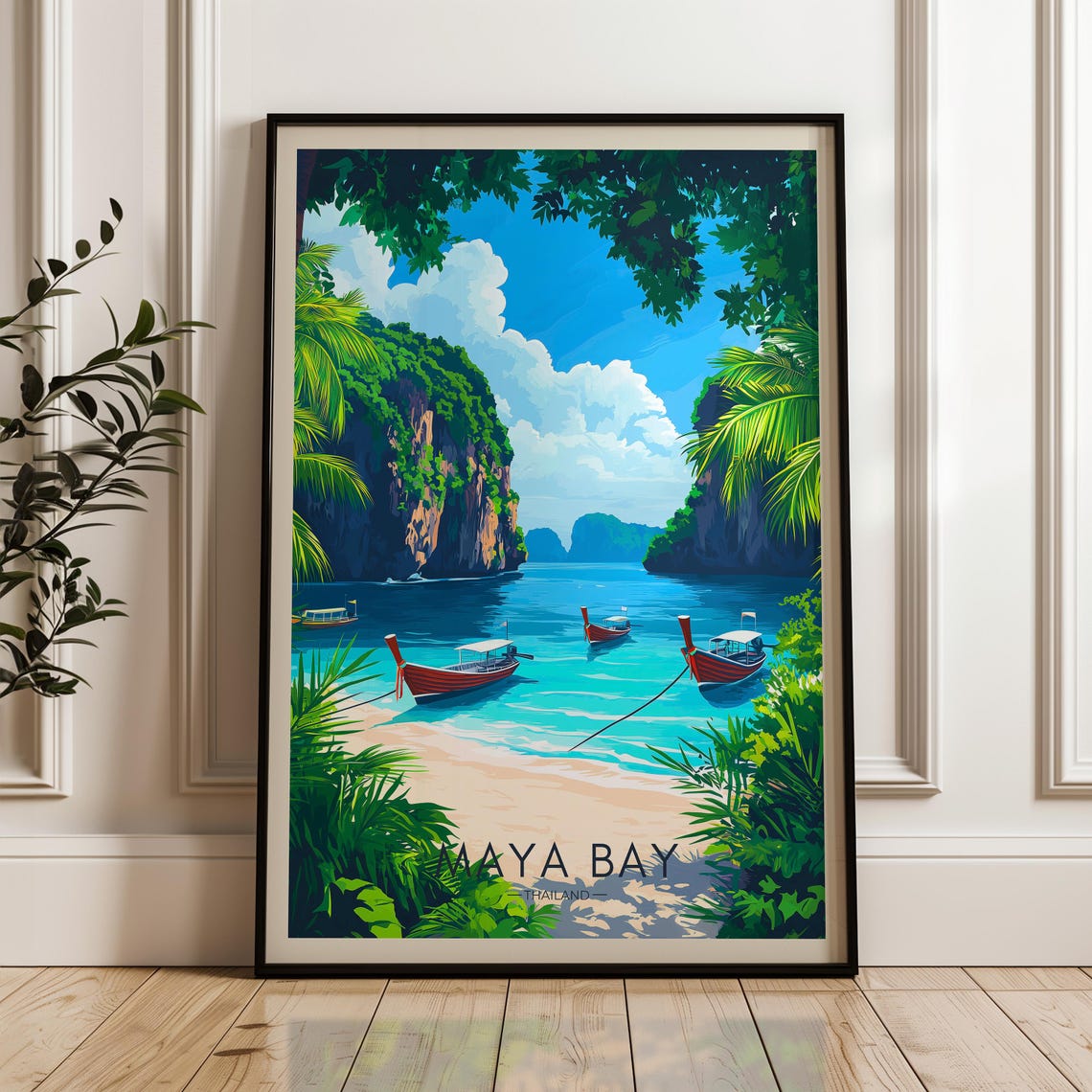 Maya Bay Travel Poster, Thailand Tropical Illustration