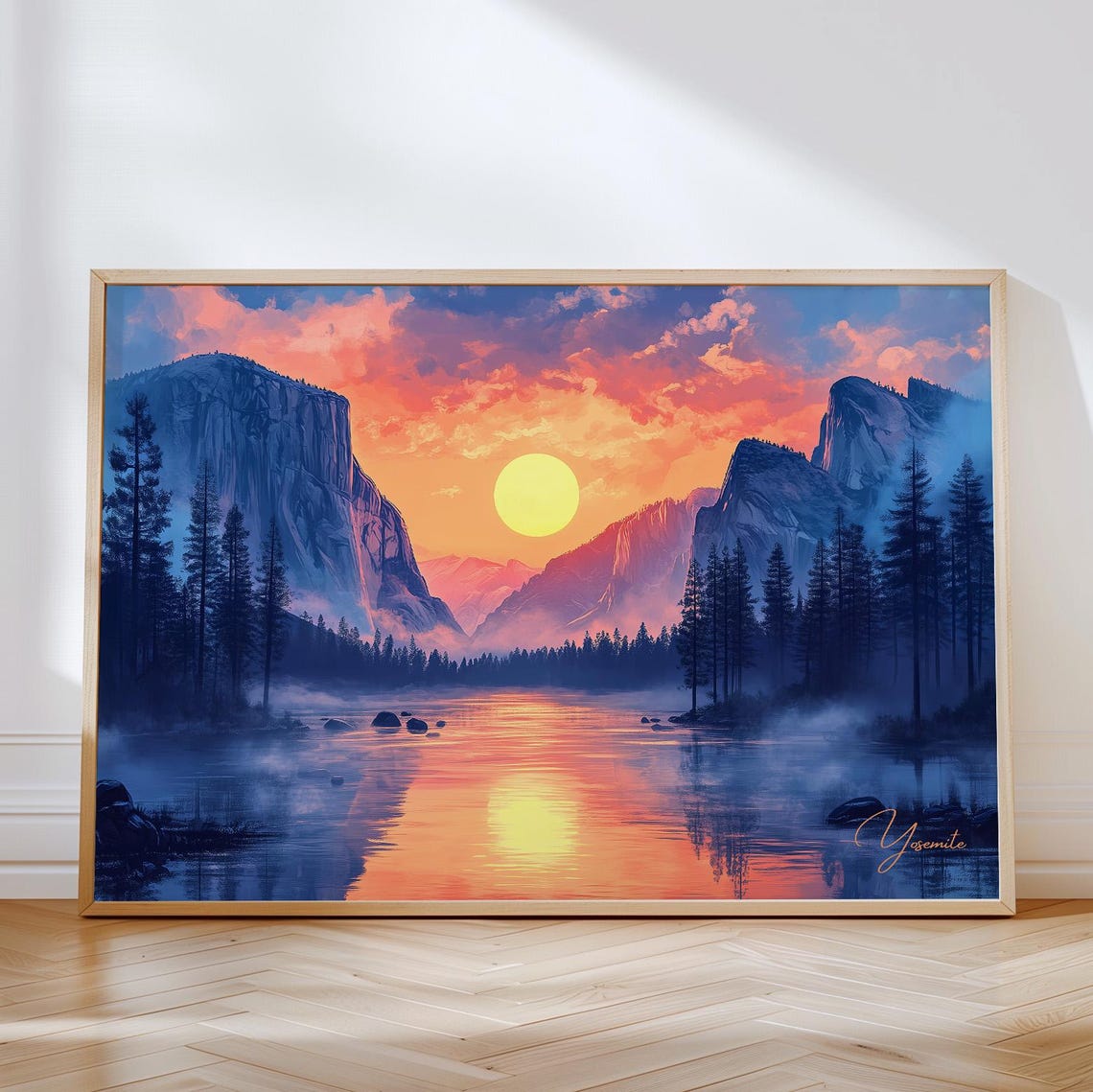 Yosemite Valley Fiery Sunset Over River Reflection Mountain Poster