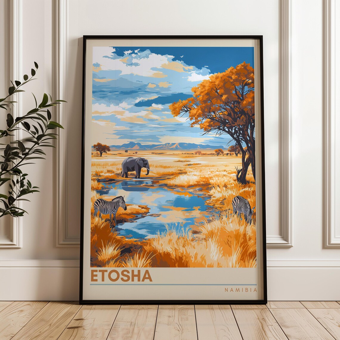 Etosha Namibia Elephant Waterhole Zebra Savanna Vintage Travel Poster
