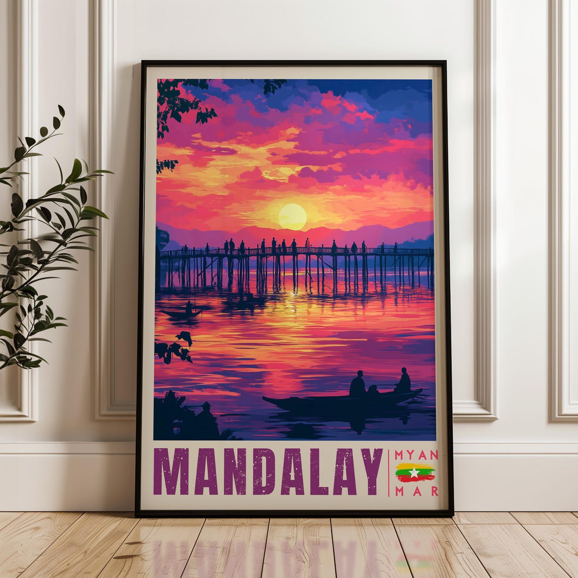 Mandalay Travel Poster, Irrawaddy River Illustration