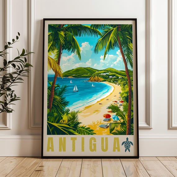 Antigua Travel Poster, Caribbean Beach Illustration