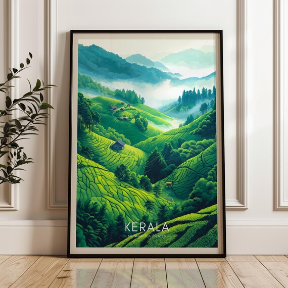 Kerala Travel Poster, Munnar Tea Estates Illustration