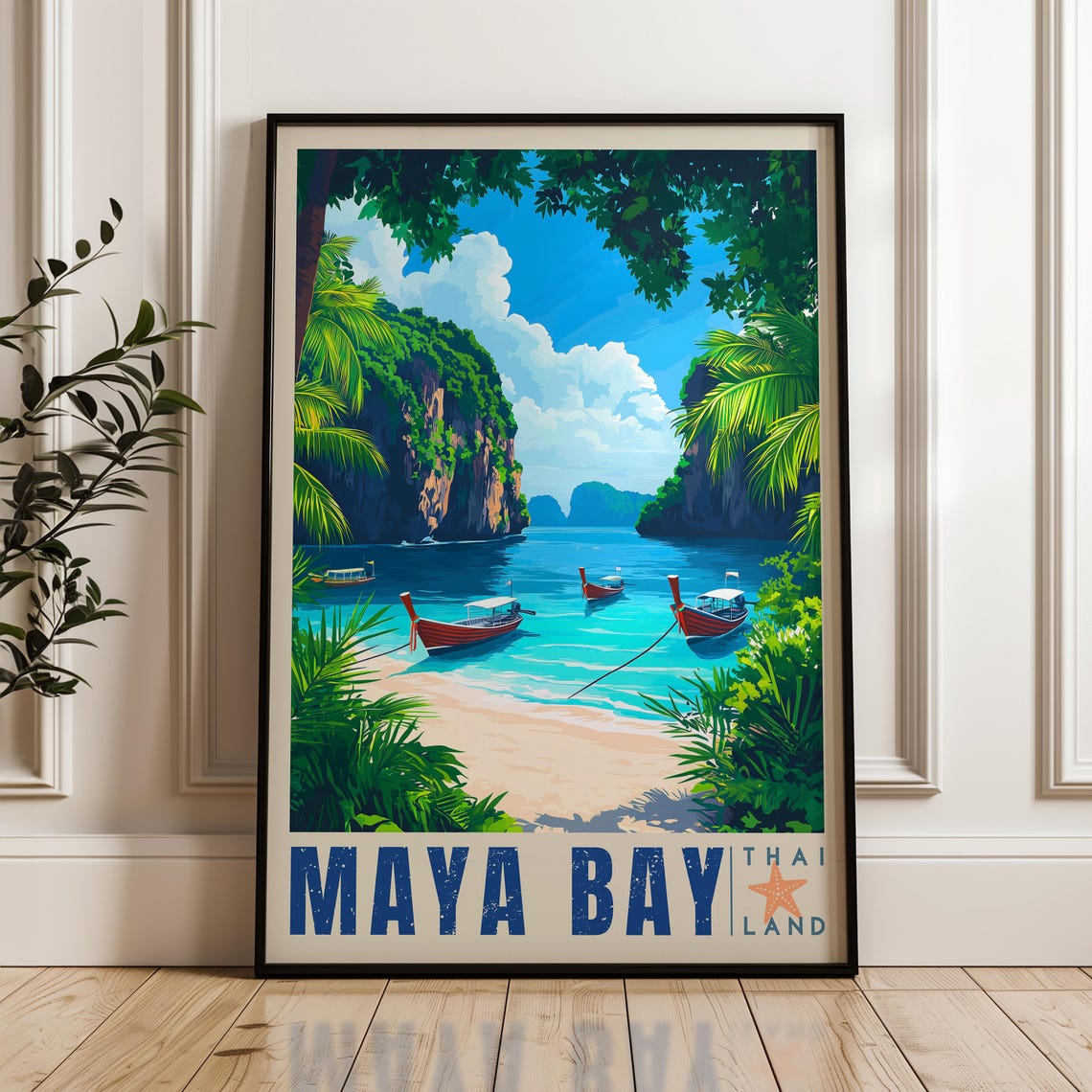 Maya Bay Travel Poster, Thailand Tropical Illustration