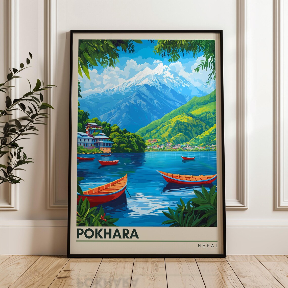 Pokhara Nepal Phewa Lake Annapurna Peaks Bold Title Travel Poster