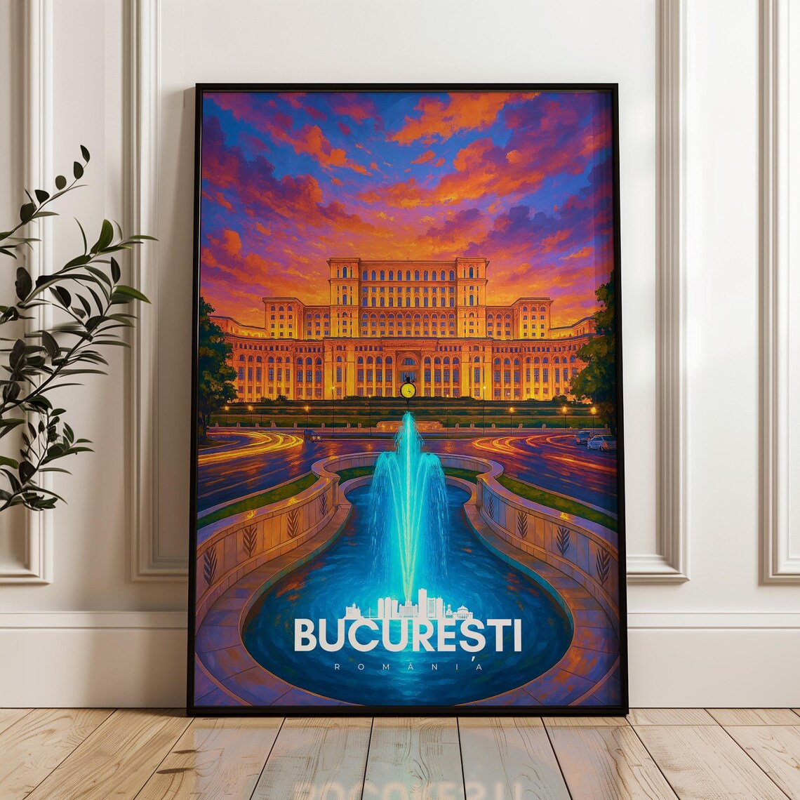 Bucharest Romania Parliament Palace Night Fountain Travel Poster