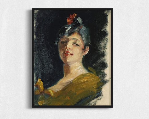 Impressionist Oil Sketch Woman Red Lips Dark Background Expressionist Portrait Art Print