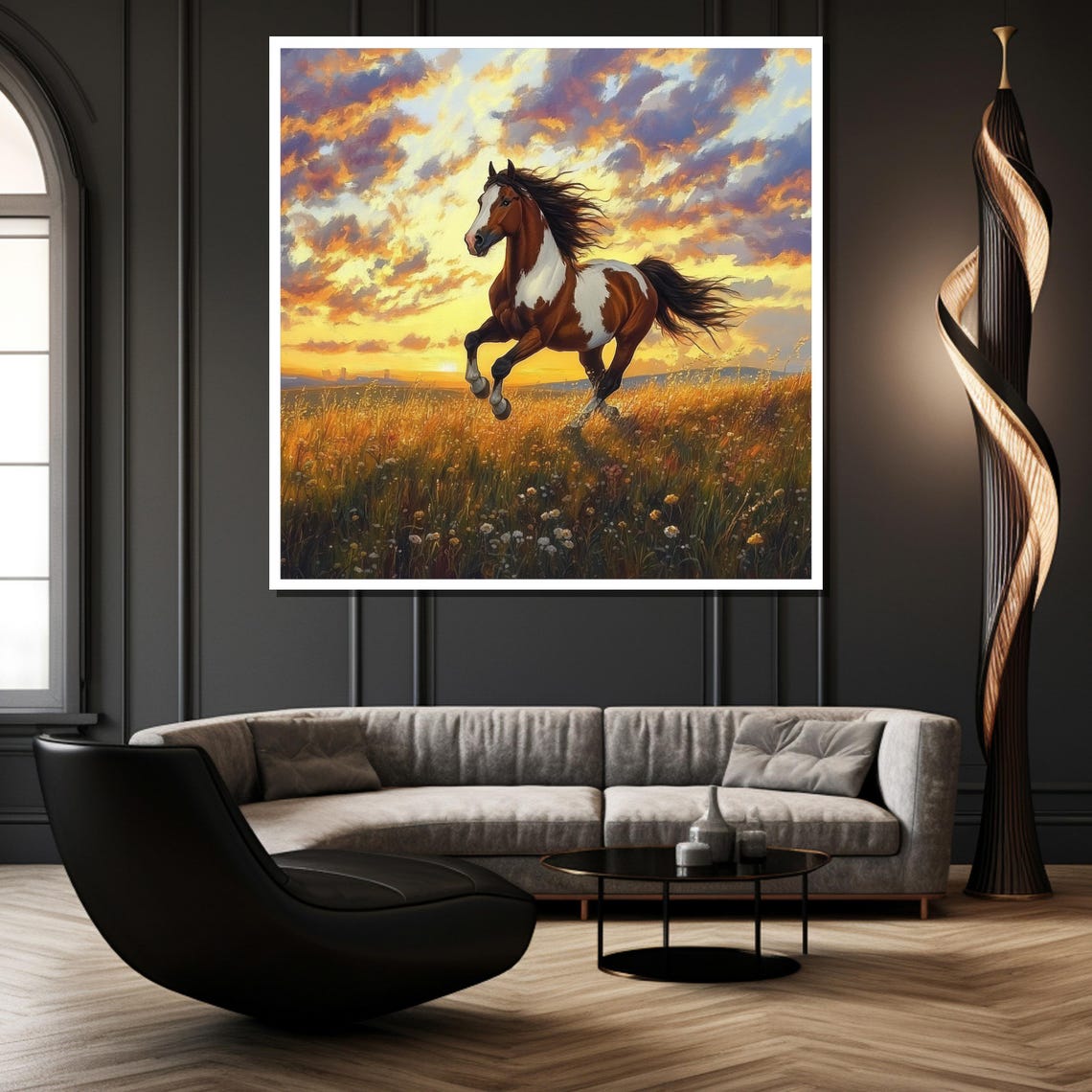 Pinto Horse Galloping Through a Flowered Sunset Field Poster - Image 2
