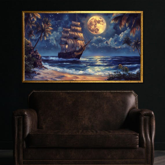 Moonlit Sailing Ship Painting Tropical Night Ocean Wall Art With Full Moon Nautical Gift For Sea And Nature Lovers