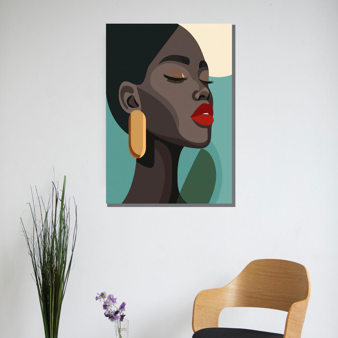 Modern Abstract Woman Profile In Bold Red Lips Teal Art Poster - Image 2