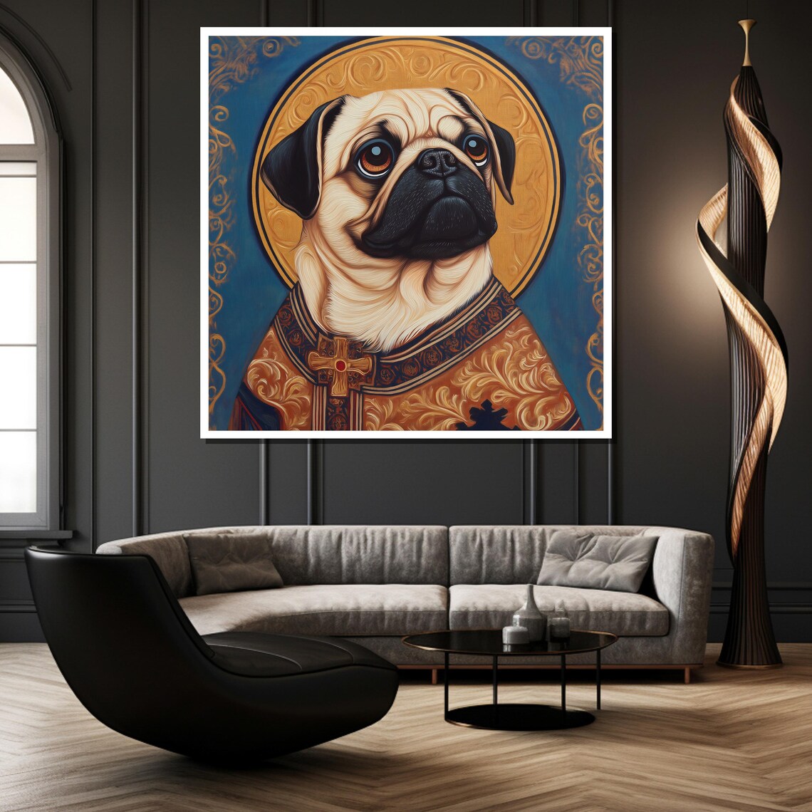 Royal Pug in Golden Robes with a Glowing Halo Funny Dog Poster - Image 2