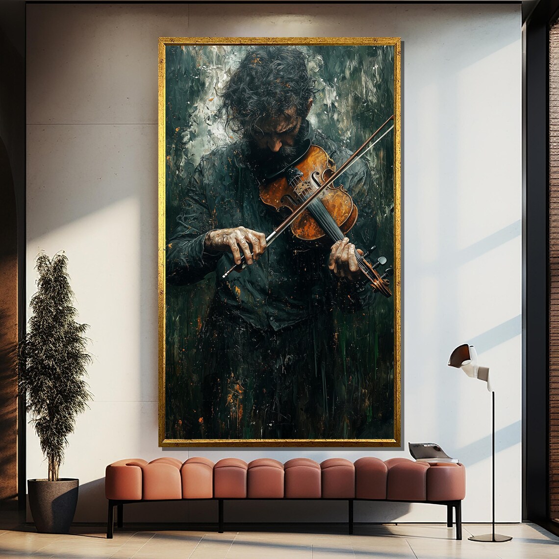 Moody Violinist Lost in Music Dark Green Expressive Oil Art Poster
