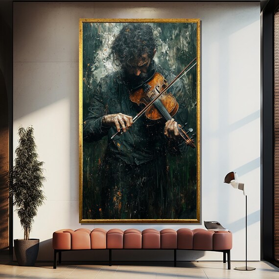 Moody Violinist Lost in Music Dark Green Expressive Oil Art Poster
