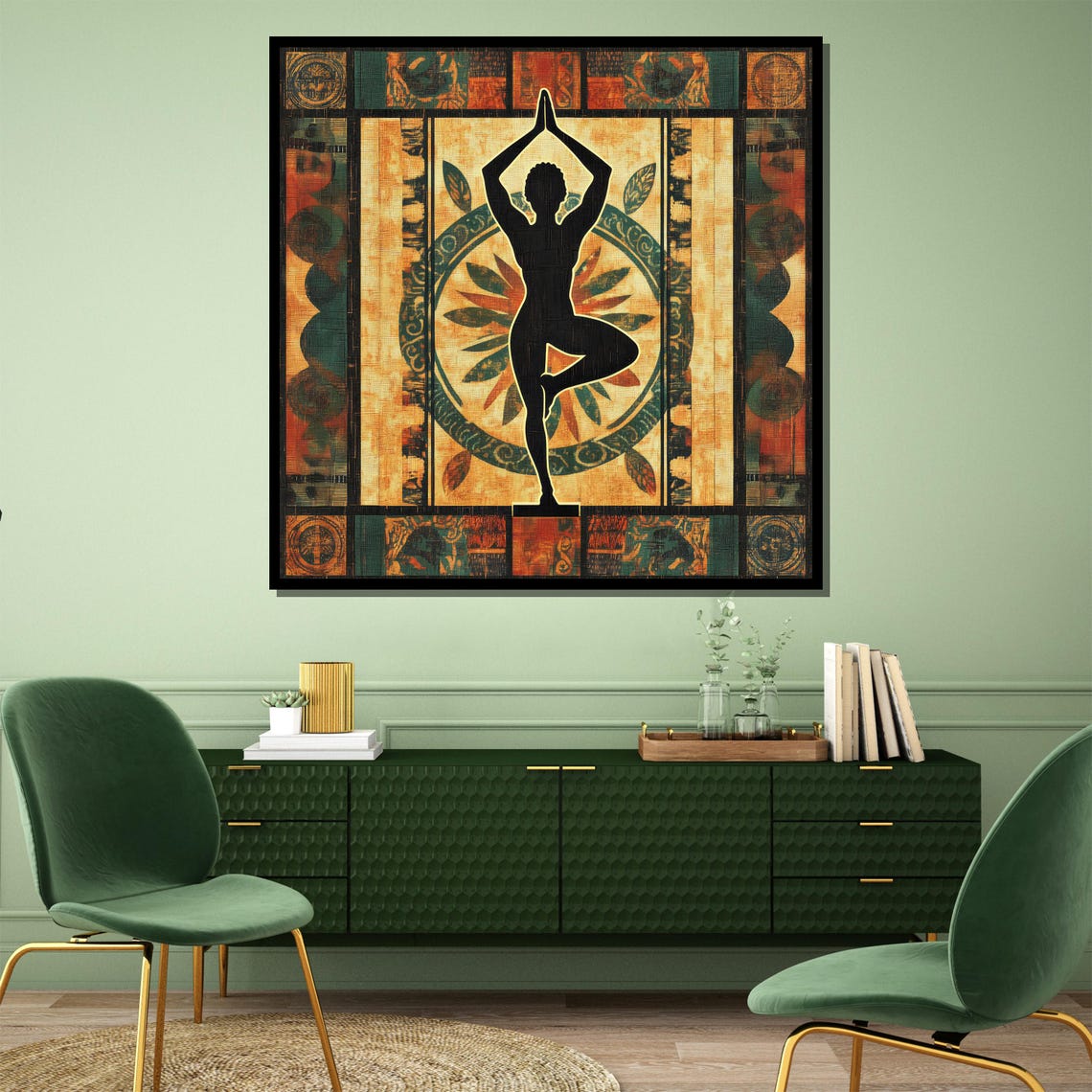 Tree Pose Yoga Silhouette on Warm Ethnic Batik Style Art Poster - Image 4