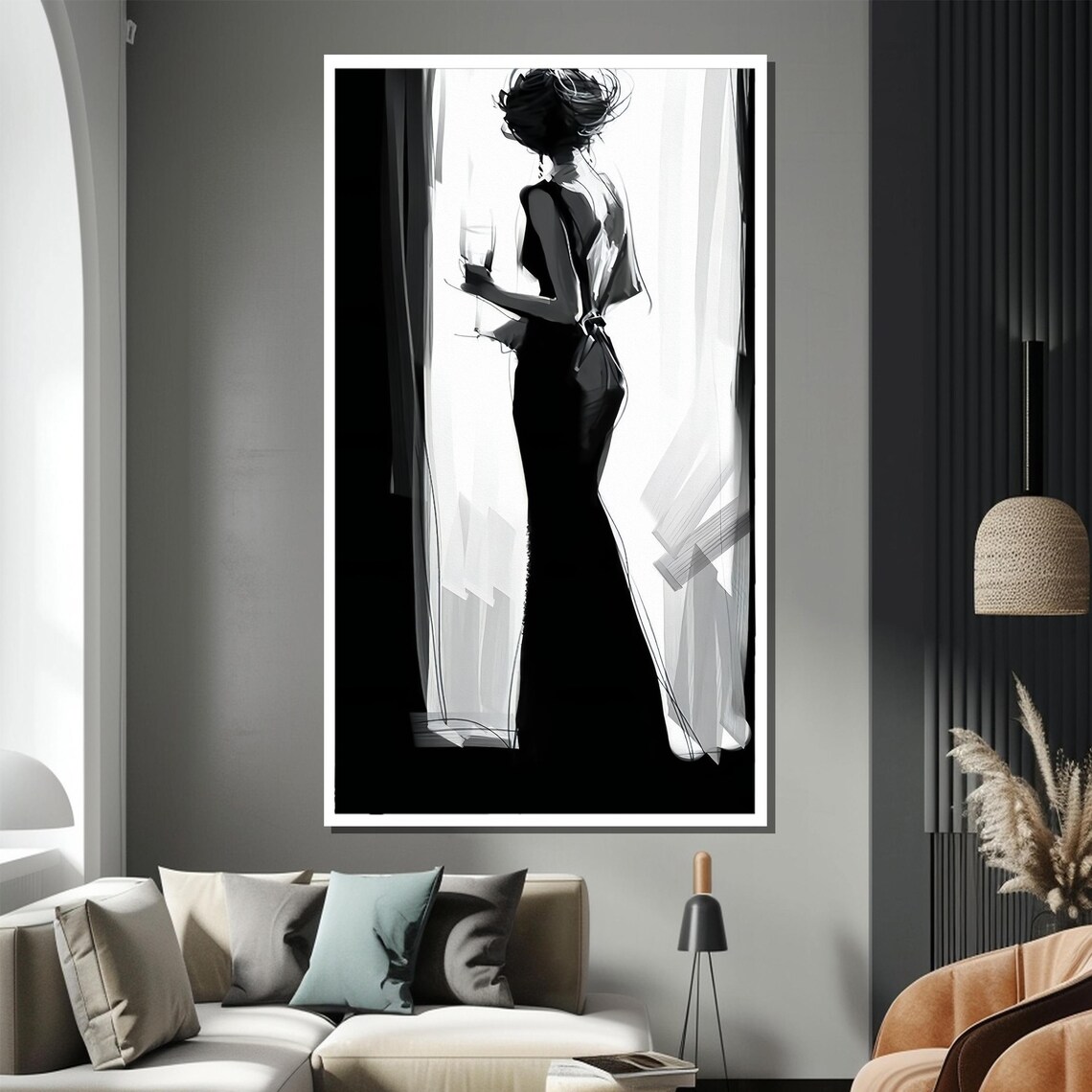 Minimalist Black White Woman Silhouette With Hat And Wine Poster - Image 3