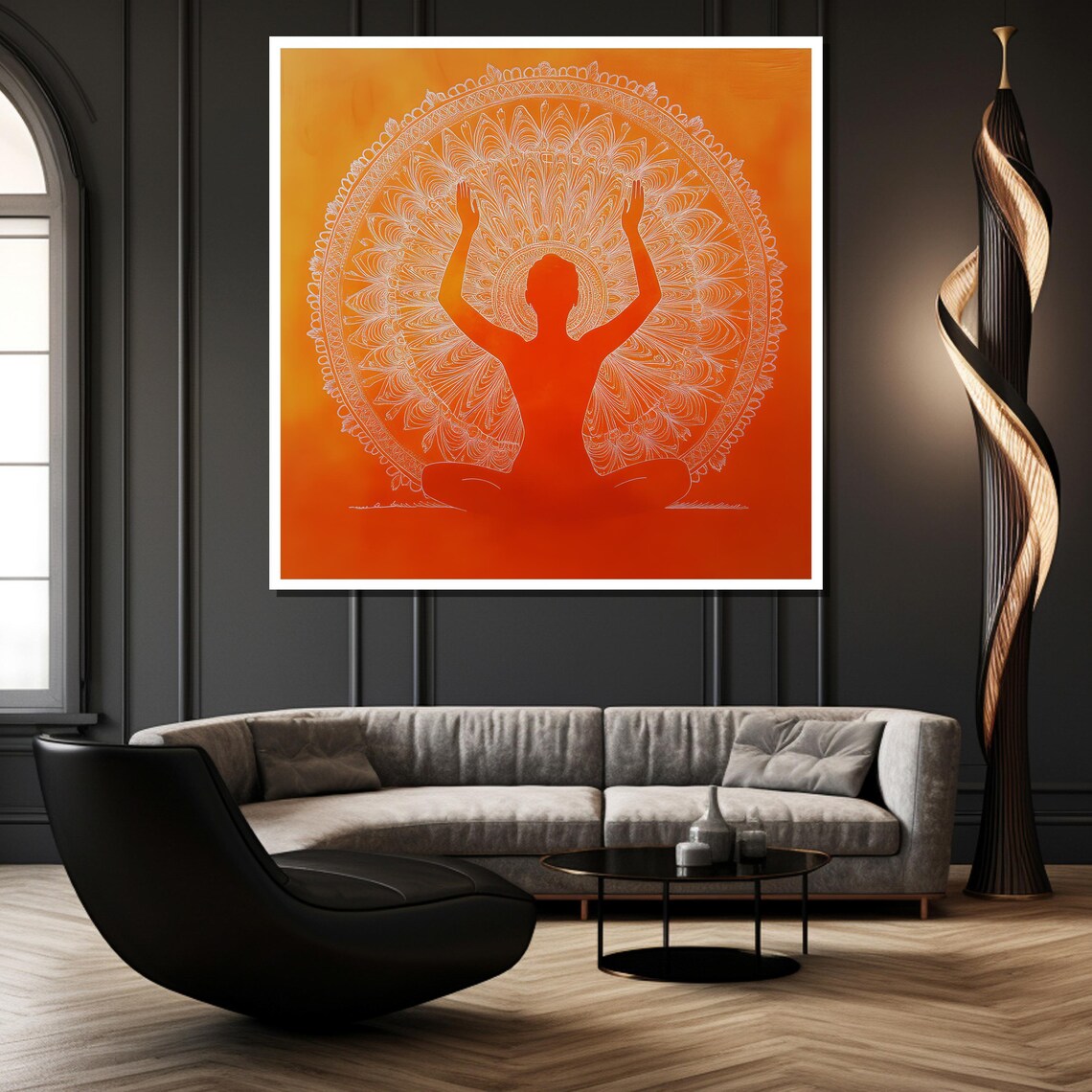 Mandala Silhouette Yoga Painting Vibrant Orange Wall Art And Spiritual Gift For Meditation Yoga And Home Decor - Image 2