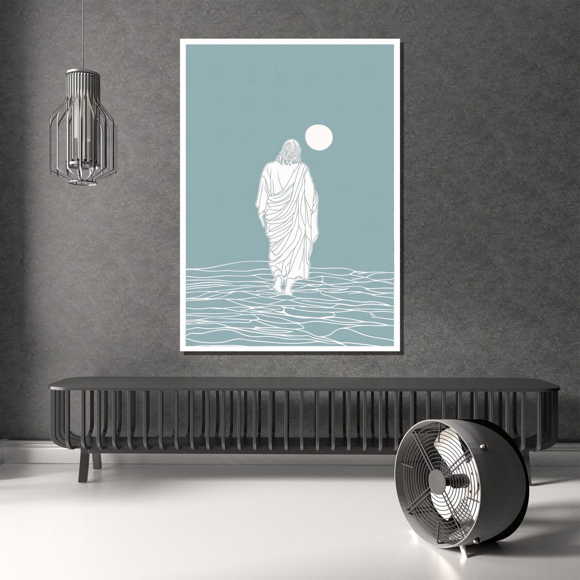 Minimalist Line Art Jesus Walking on Water Sage Green Poster - Image 4