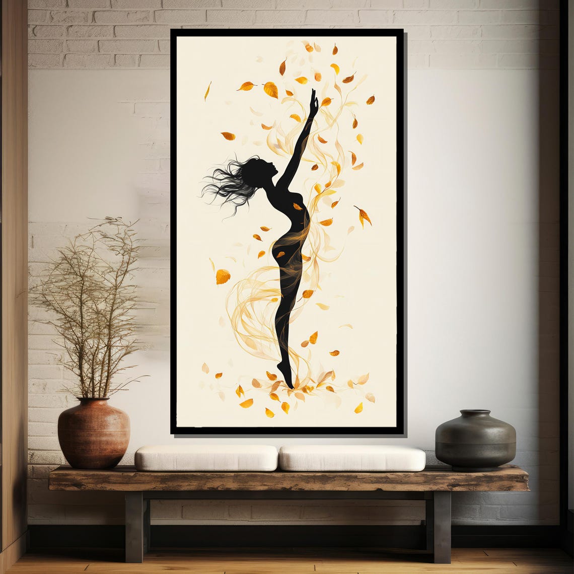 Dancing Silhouette Swirling With Golden Autumn Leaves Poster - Image 4