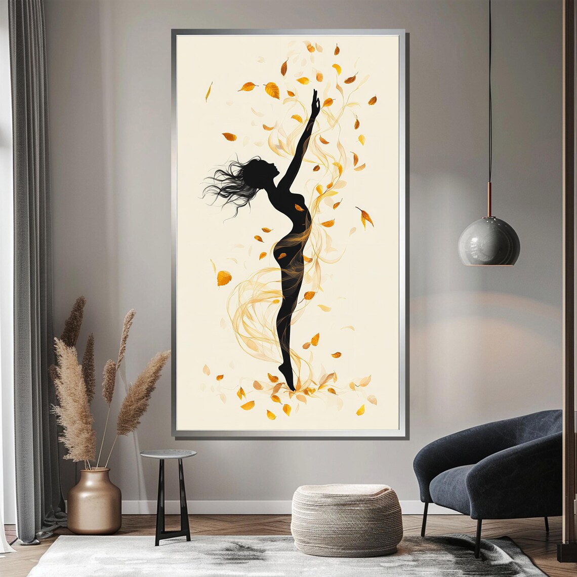 Dancing Silhouette Swirling With Golden Autumn Leaves Poster - Image 3